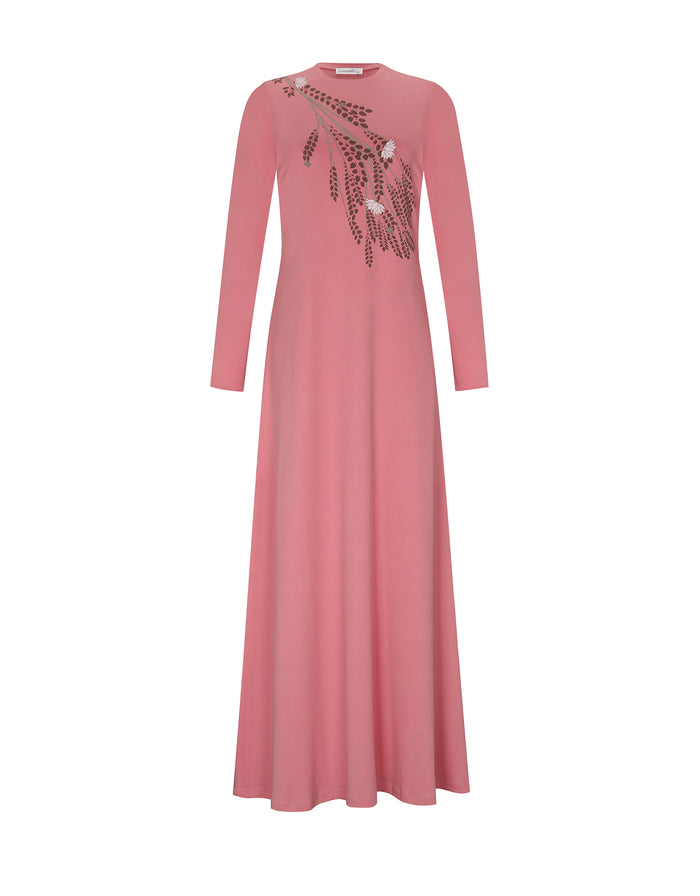 Pink long sleeve pull on nightgown sleepwear with screen print wheat stalk motif.