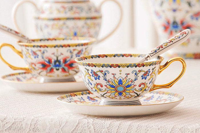 Bohemia Ceramic Coffee Cups, Creative Ceramic Cups, China Porcelain Tea Cup Saucer Set, Unique Traditional Afternoon Tea Cup and Saucer-Paintingforhome