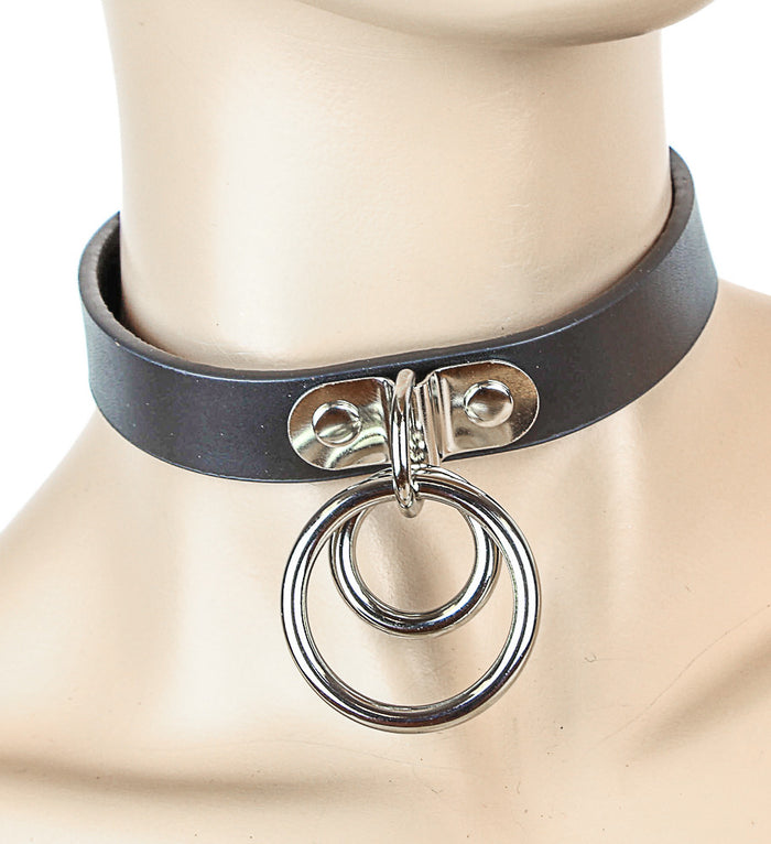 Bondage Black Leather Choker With Double O Rings
