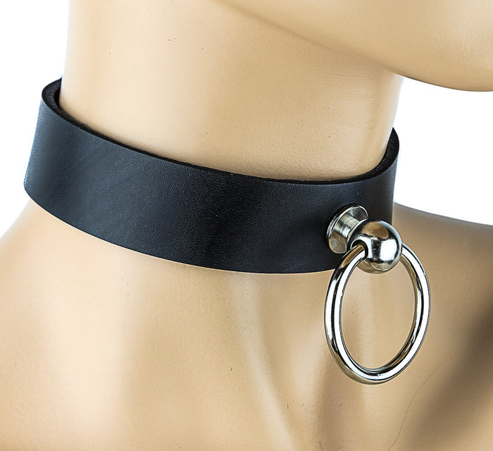 Bondage Black Leather Choker with Silver O Ring