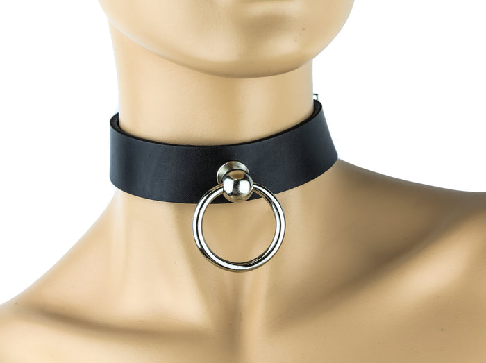 Bondage Black Leather Choker with Silver O Ring