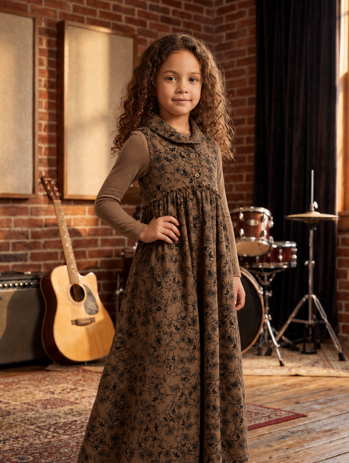 Brown floral corduroy jumper dress set with matching long sleeve shell.