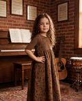 Brown floral smocked corduroy maxi jumper dress set with matching long sleeve shell.