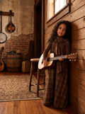 Kids' brown plaid woven sleeveless maxi dress with sailor collar sash.
