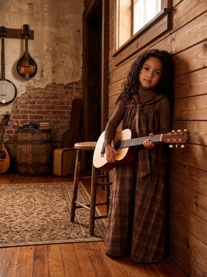 Kids' brown plaid woven sleeveless maxi dress with sailor collar sash.