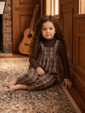 Brown plaid suspender romper with long-sleeve top, toddler outfit