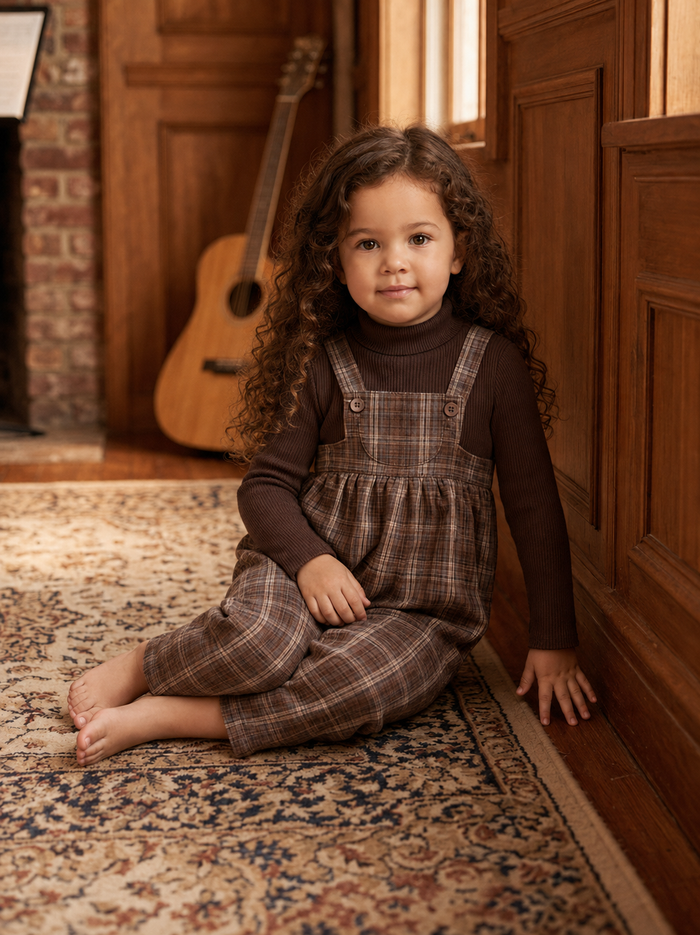 Brown plaid suspender romper with long-sleeve top, toddler outfit
