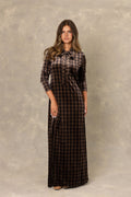 Brown plaid long sleeve velvet tie neck maxi dress.