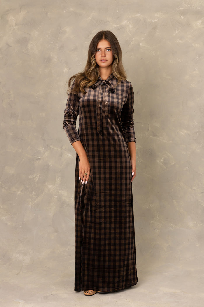 Brown plaid long sleeve velvet tie neck maxi dress.
