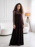 Dark brown velvet drop-waist maxi jumper with high neck and tiered skirt