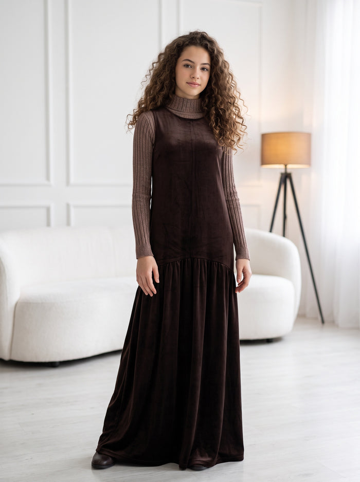 Dark brown velvet drop-waist maxi jumper with high neck and tiered skirt