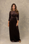 Brown textured velvet long sleeve maxi dress with front knot detail.