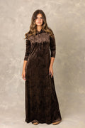 Long sleeve brown crushed velvet tie neck maxi dress.