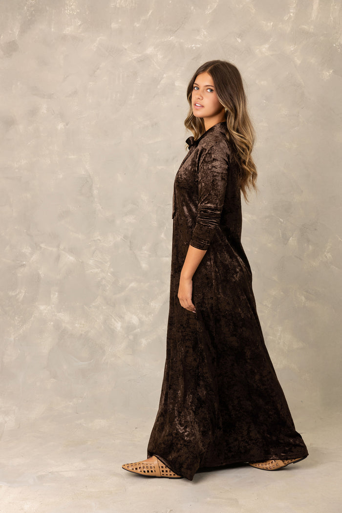 Long sleeve brown crushed velvet tie neck maxi dress.