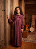 Burgundy suede long sleeve ruffle collar maxi dress for children.