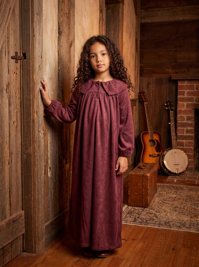 Burgundy suede long sleeve ruffle collar maxi dress for children.