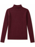 Burgundy cable-knit turtleneck sweater with ribbed collar, hem, and cuffs