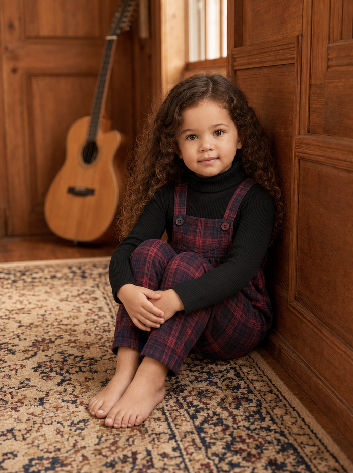 Burgundy plaid suspender romper with front bib and adjustable straps