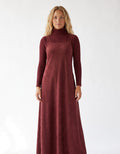 Burgundy suede maxi jumper dress with turtleneck and ribbed long sleeves