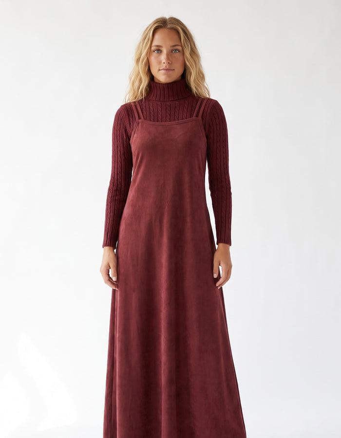 Burgundy suede maxi jumper dress with turtleneck and ribbed long sleeves