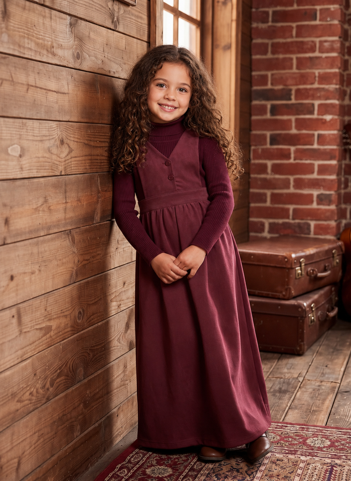 Burgundy Suede waisted sleeveless children's  maxi dress with v-neck buttoned top and waistband.
