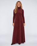 Burgundy suede maxi jumper dress with high neck and long sleeves