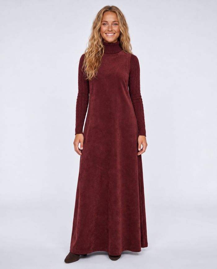 Burgundy suede maxi jumper dress with high neck and long sleeves