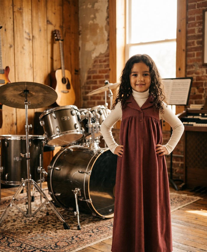 Kids' burgundy  sleeveless maxi dress in textured fabric features notched lapel collar, button placket , empire cut waist and back button tab.
