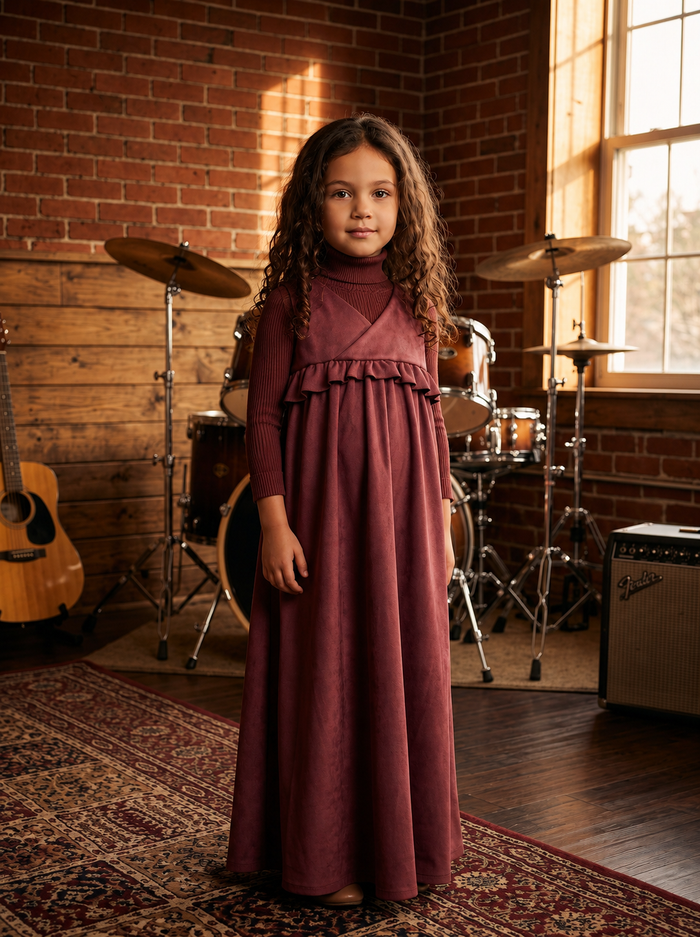 Kids' sleeveless burgundy suede maxi dress with crossover bodice and ruffled waist.