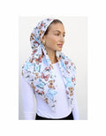 Pre-tied headscarf in light blue and white with multicolor butterfly pattern
