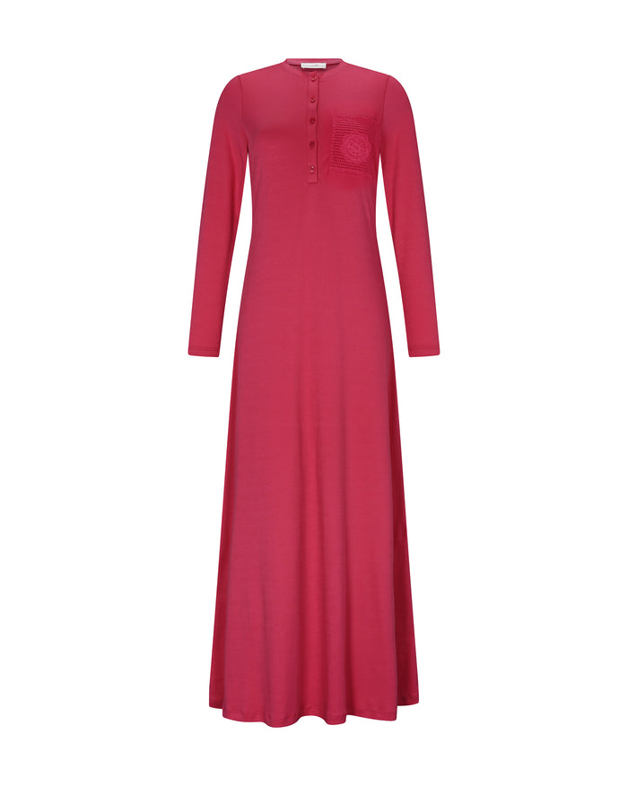 Fuchsia long-sleeve button-front nightgown with round neckline