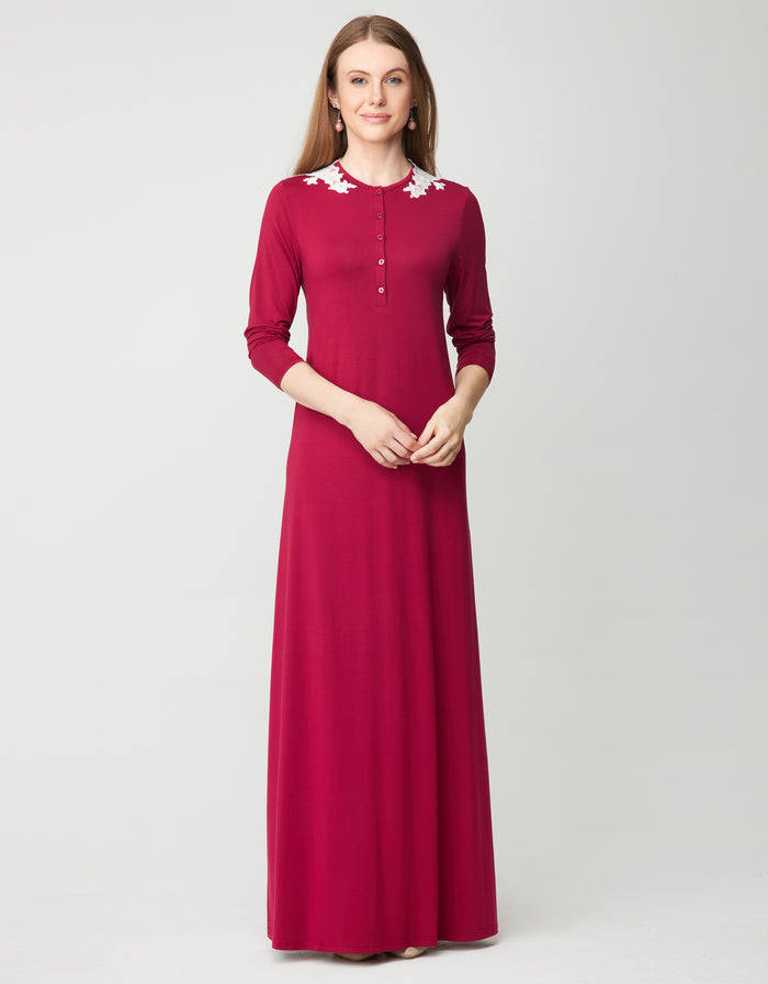 Berry button-front nightgown with lace shoulder appliqué and long sleeves
