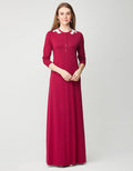 Berry button-front nightgown with lace shoulder appliqué and long sleeves