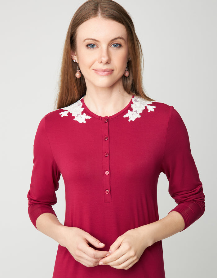 Berry button-front nightgown with lace shoulder appliqué and three-quarter sleeves