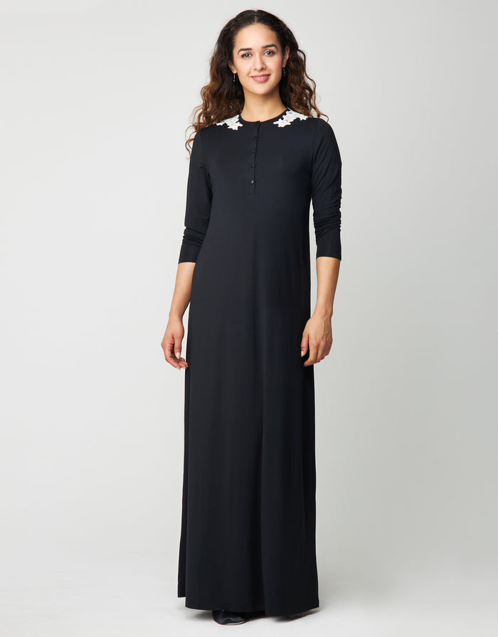 Black button-front nightgown with lace shoulder appliqué and long sleeves