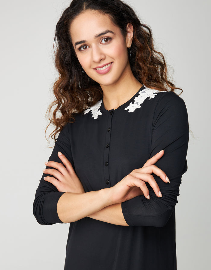 Black button-front nightgown with lace shoulder appliqué