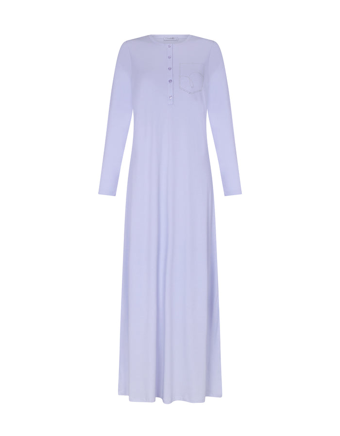 Lilac button-front nightgown with long sleeves and chest pocket detail