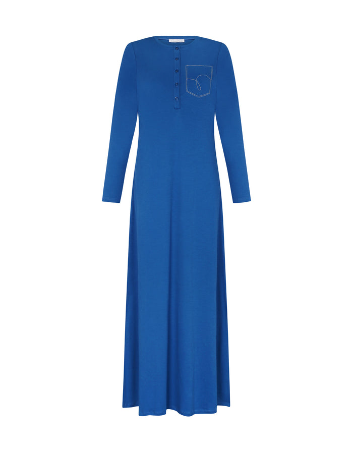 Royal blue button-front nightgown with long sleeves and pocket motif detail