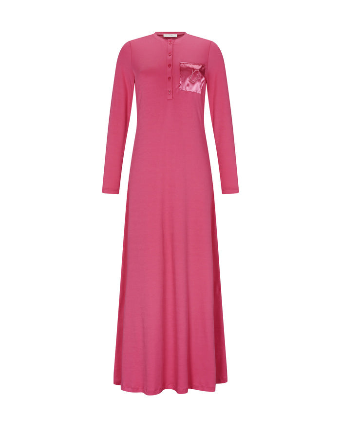 Pink button-front nightgown with long sleeves and satin pocket with logo motif