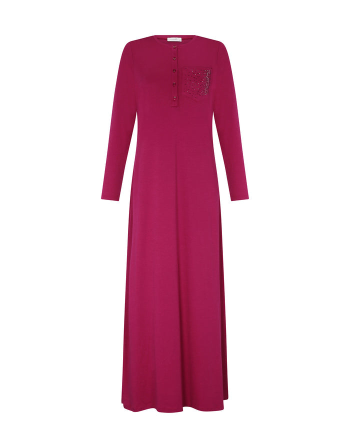 Fuchsia button-front nightgown with long sleeves and sparkly chest pocket