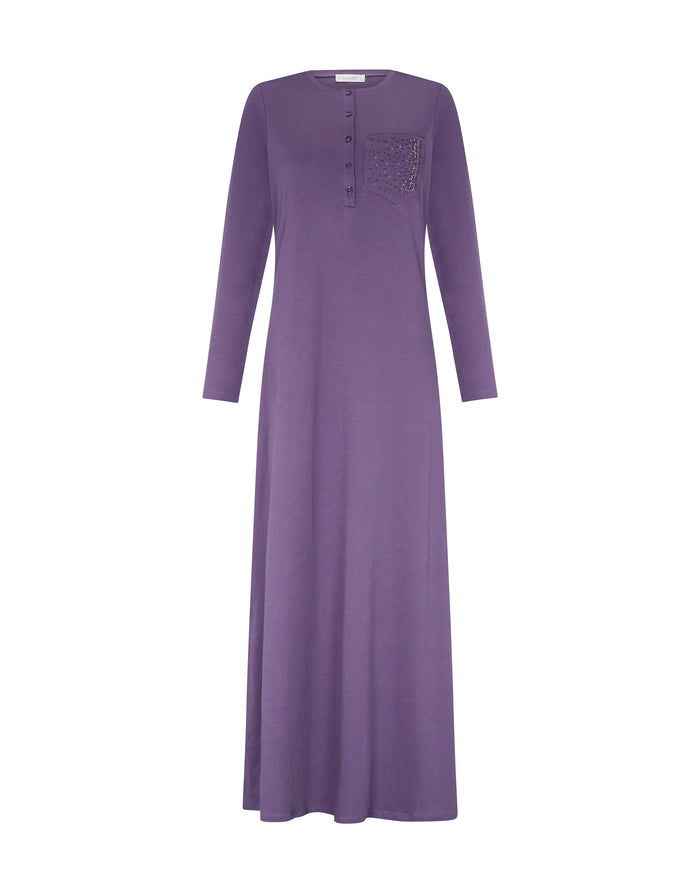 Violet button-front nightgown with long sleeves and sparkly chest pocket
