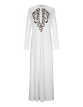 White long-sleeve nightgown with black flocked medallion motif at center