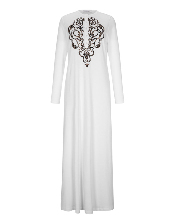 White long-sleeve nightgown with black flocked medallion motif at center