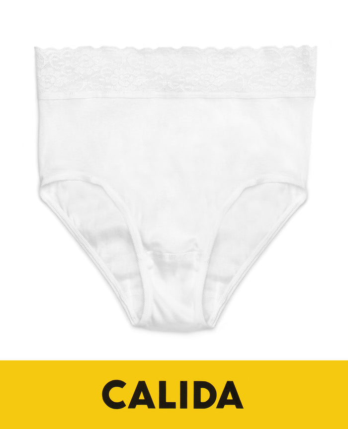 White lace-trim brief panty with scalloped waist band