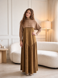 Camel-brown maxi suede jumper with ribbed knit top, two-piece set, long sleeves