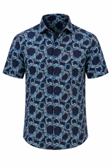 Short-sleeve shirt with geometric pattern on a white background
