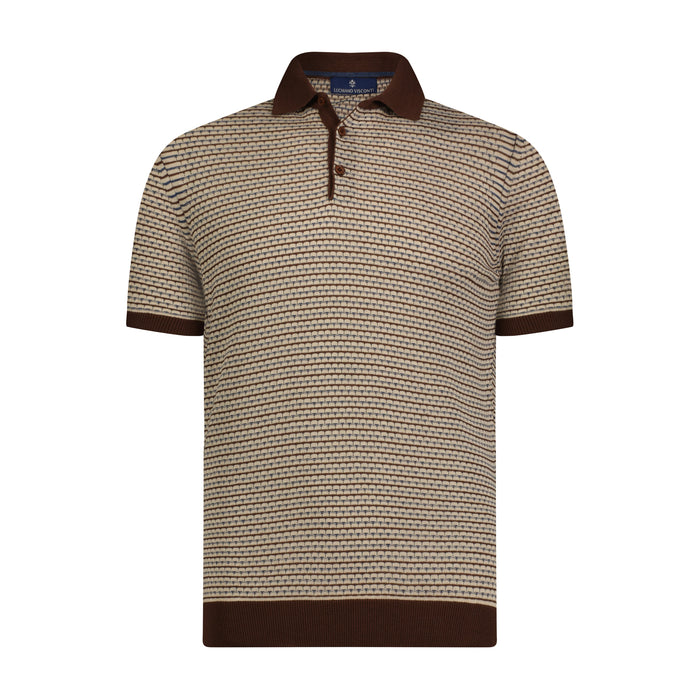Chocolate Brown, Beige, and Indigo Triple Yarn Short Sleeve Knit Polo