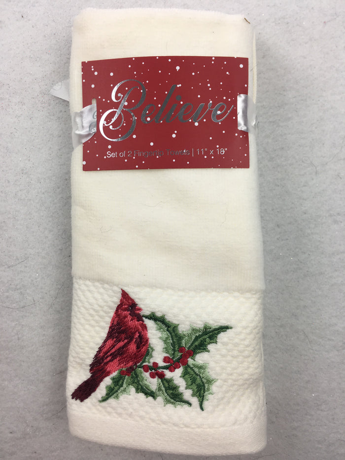 Christmas Cardinals with Holly Leaves and Berries Set of 2 Finger Towels