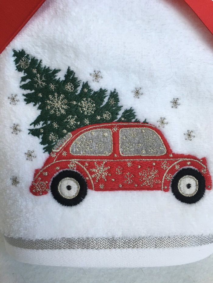 Christmas Red Car Carrying Tree Set of Two Hand Towels