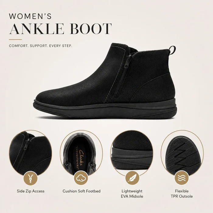 Black side-zip ankle boot with pull tab and cushioned outsole